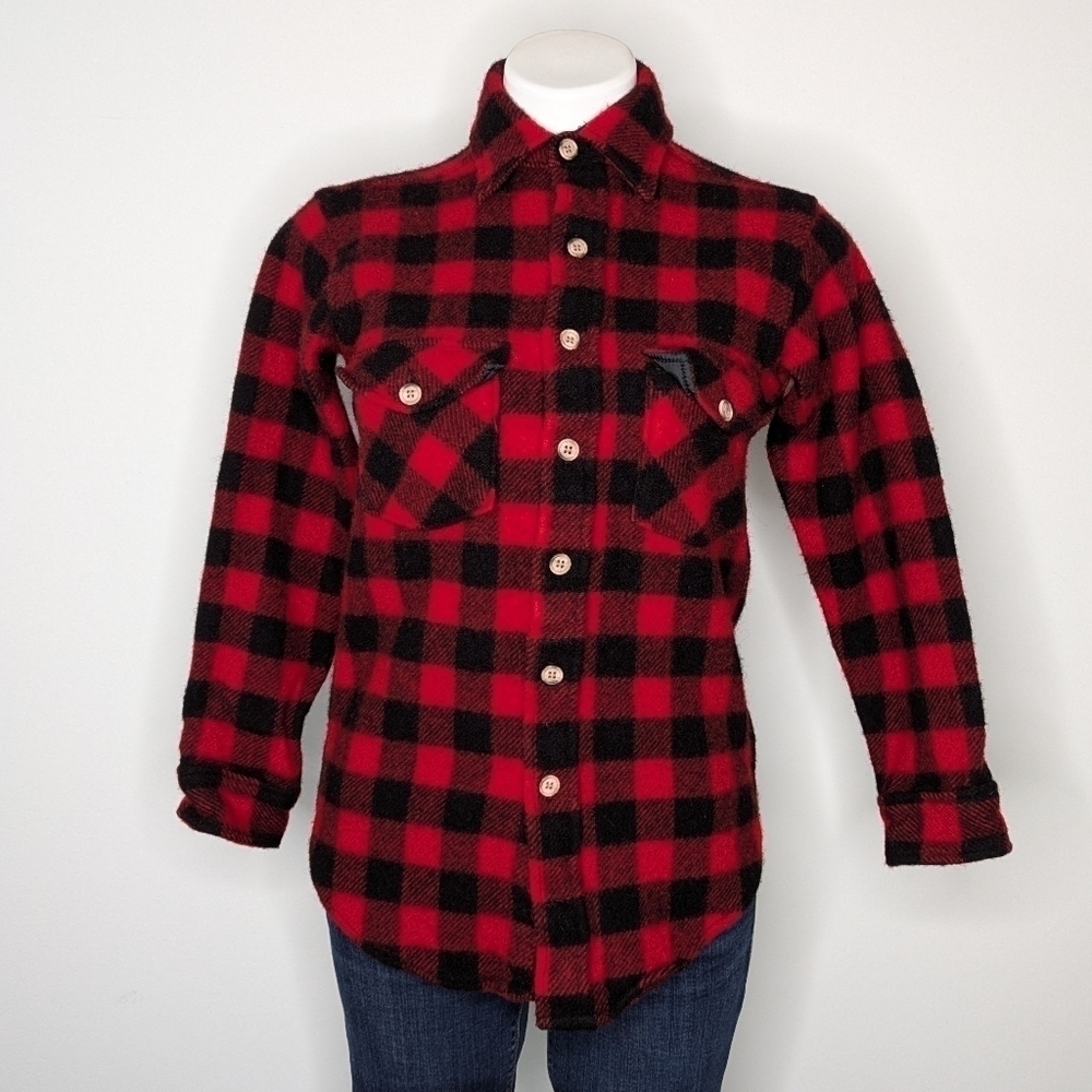 Vintage Lands' End red black plaid button up wool blend shirt jacket S